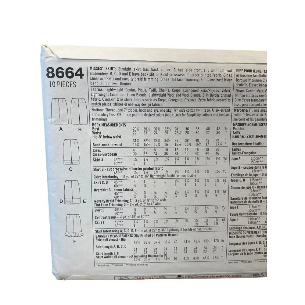 Simplicity‎ Sewing Pattern 8664 Skirt 6 Easy Styles Misses Size 4-8
